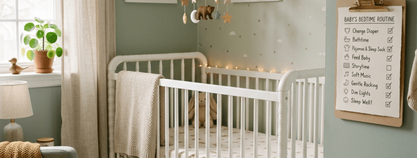White baby crib with woodland animal bedding, mobile, and framed animal pictures in a cozy nursery