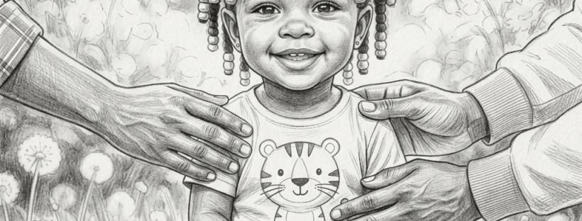 Smiling toddler with braided hair and colorful beads sitting on a blanket with adult hands on her shoulders outdoors